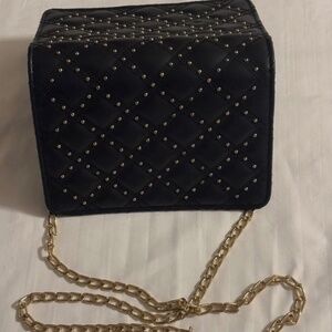 Black Evening Bag with Gold Tone Accents Chain Strap